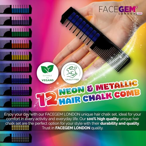 FACEGEM LONDON 12-Color Neon & Metallic Hair Chalk Set - Non-Toxic & Washable