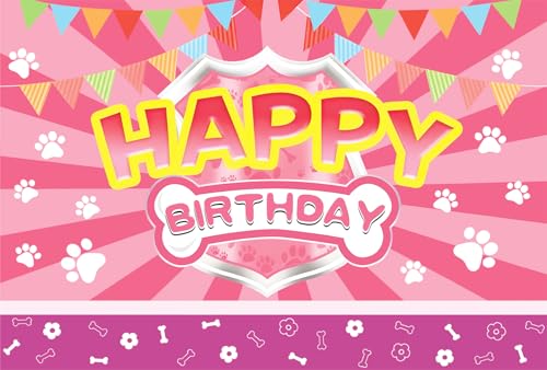 Happy Birthday Banner with Pink Paw Prints - 59x43 Inches