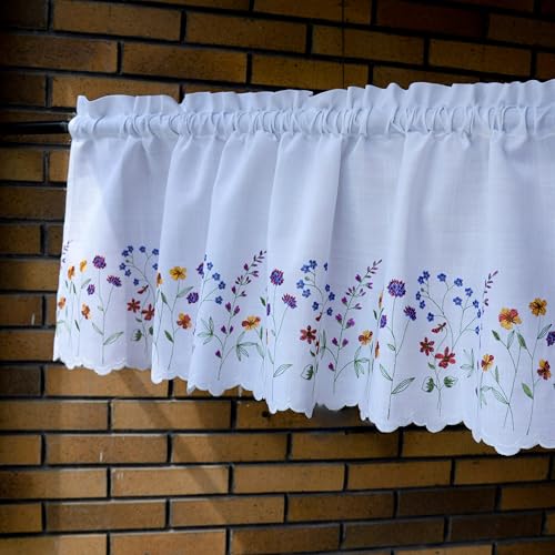 Siykkay Floral Embroidery Curtain Valance - White 52x18 inch