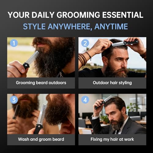 MenGate Black Folding Pocket Beard Comb with G10 Handle, Locking Design