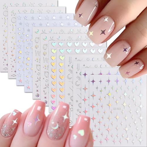 12 Sheets Aurora Star Nail Stickers - 3D Self-Adhesive Decals