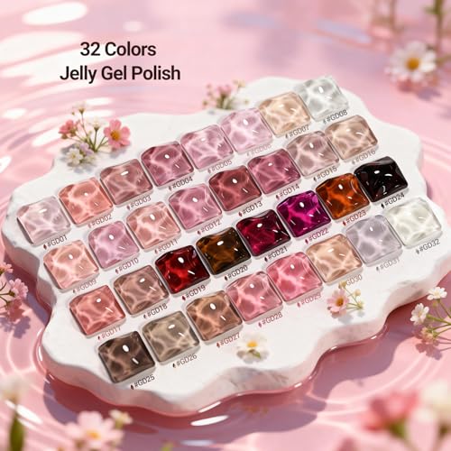 JODSONE B30 Jelly Gel Nail Polish Set - 32 Sheer Pink Colors with Base & Top Coat