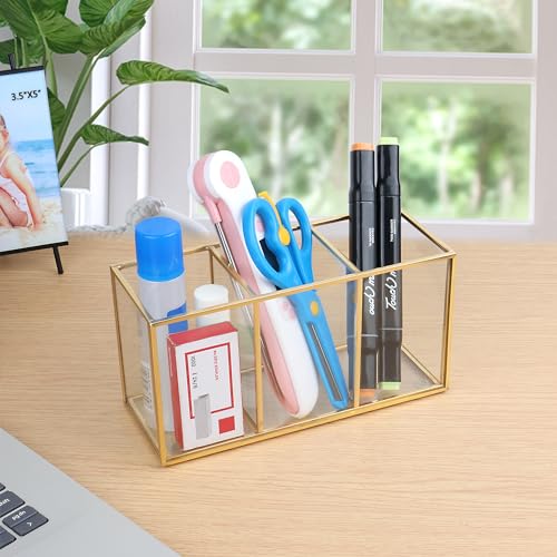 ELEGANTLIFE Clear Tempered Glass Makeup Brush Organizer - 3-Section Holder