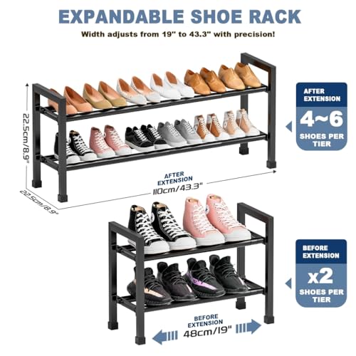 Adjustable 2-Tier Expandable Shoe Rack - Black Steel Organizer