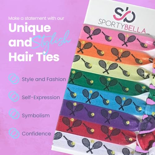 Tennis Hair Ties for Girls - Multi-Colored No Crease Elastics (8 pcs Pack of 2)