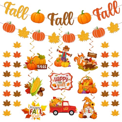 Autumn Party Decorations Set - Glitter Fall Banner & Leaf Garland