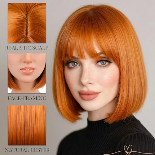 Ginger Bob Wig with Bangs - 12 Inch Shoulder Length Orange Wig
