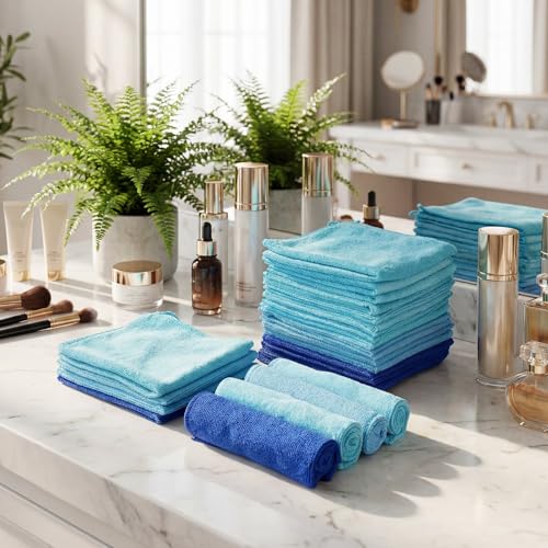 Newwiee 40-Piece Cotton Blend Face Wash Cloths, 12x12 Inch, Blue Series