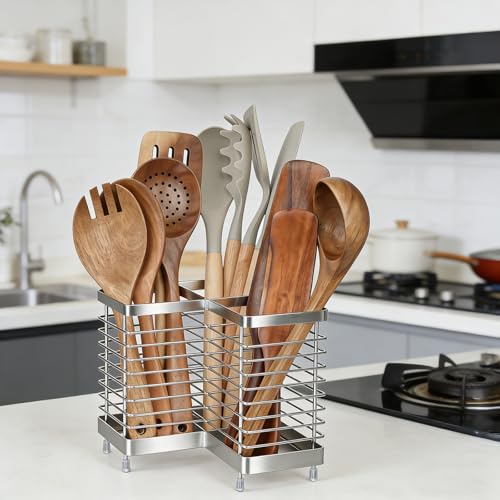 Triangular Stainless Steel Utensil Holder - 3 Compartment Kitchen Organizer
