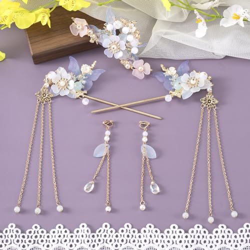 HINZIC 5pcs Blue Flower Tassel Hairpins for Weddings & Events