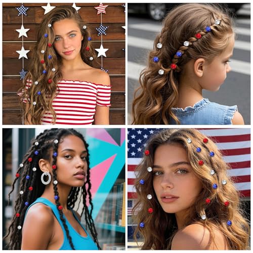 YISSION 30PCS Patriotic Rhinestone Hair Clips for Women & Girls - Red, White, Blue Variations