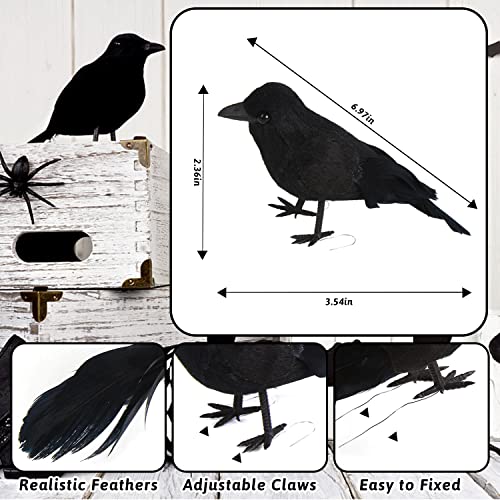 KIMOBER 6PCS Realistic Black Feathered Crows for Halloween Decor