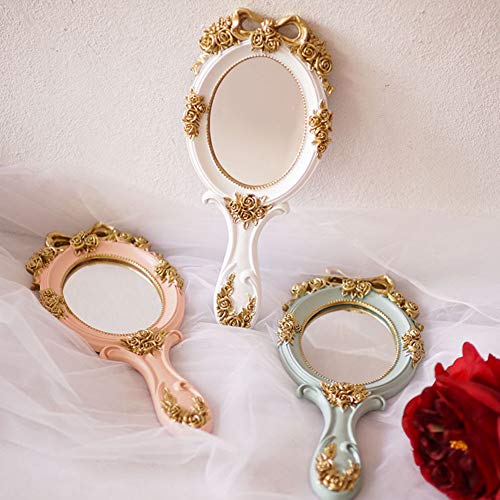 White Vintage Handheld Makeup Mirror - Rose Gold Compact Design
