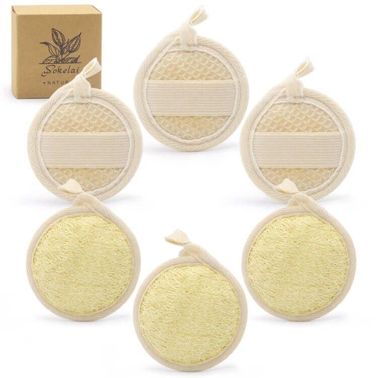 Wokelai 6 Pack Natural Loofah Facial & Body Scrub Pads 3.15in Exfoliating Loofa Brush