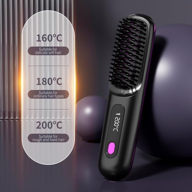 Go Brush Pro Cordless Straightening Brush for Short Hair - Fast Heat, 3 Temp Settings, Ionic & Ceramic Care | USB-C Rechargeable (Purple)