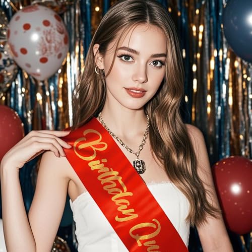COCIDE Birthday Queen Sash for Women - Variation 004, Glitter Red & Gold