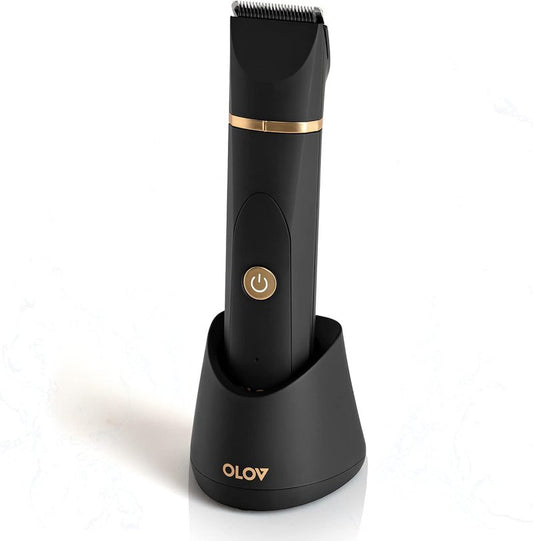 OLOV Electric Body Hair Trimmer - Groin Trimmer for Men - Bikini Trimmer Women - Wet/Dry Shaver Groomer, Replaceable Ceramic Blade Heads, USB Recharge Dock, Waterproof Hygiene Razor,Black