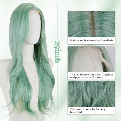 STYLER 29-Inch Long Green Wavy Wig with Bangs - Heat Resistant Synthetic
