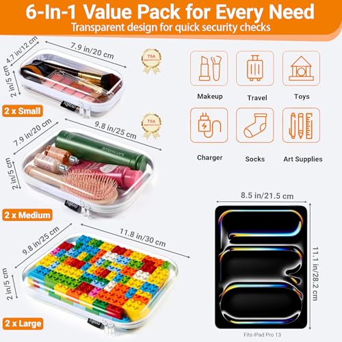 YQBRAO 6 Pack Clear Hard Shell Zipper Case, 1.2mm Heavy Duty Crush-Proof Diaper Bag Organizer Pouches, TSA Approved Travel Makeup Bag for Toiletries & Electronics, (2L, 2M, 2S) Multi-Size Storage Set