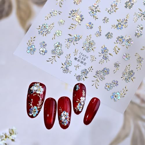 Sevgob Color A18 5D Gold Silver Floral Nail Stickers Embossed Decals for DIY Manicure