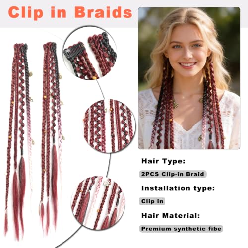 Eliza 16-Inch Boho Braid Hair Extensions - Burgundy & White Clip-In Set