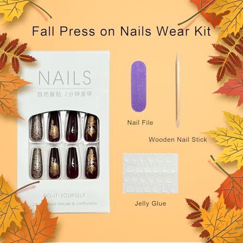 Gold Fall Maple Leaf Press on Nails Medium Coffin 24 Pcs Autumn Thanksgiving
