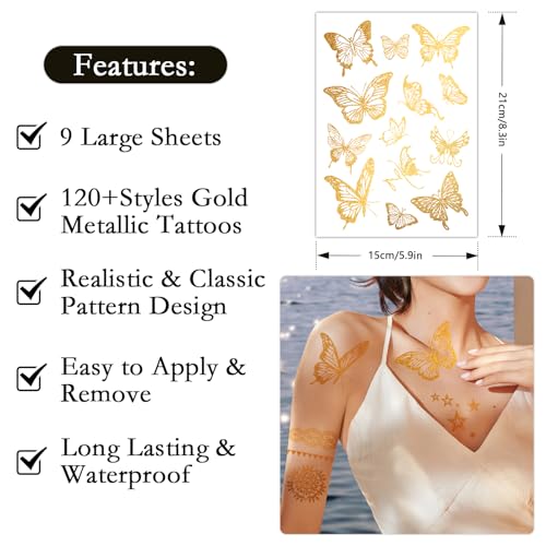 Gold Metallic Temporary Tattoos for Face & Body - 9 Sheets for Festivals & Parties
