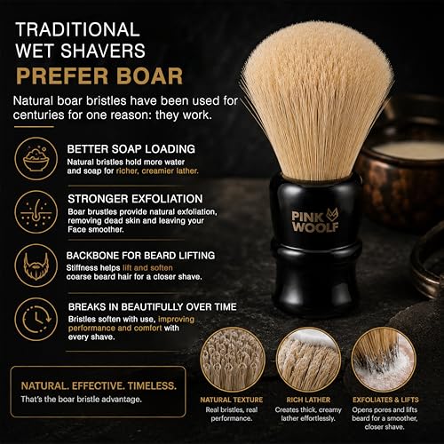 Pink Woolf Black 25mm Boar Shaving Brush for Men, Exfoliating Wet Shave Brush