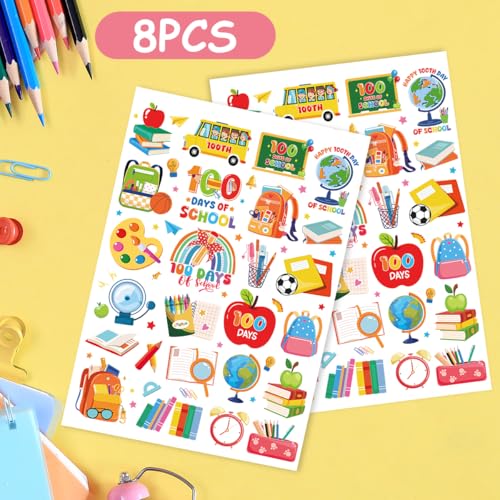 8 Sheets 200+ School Themed Temporary Tattoos for 100 Days Celebration & Party Favors