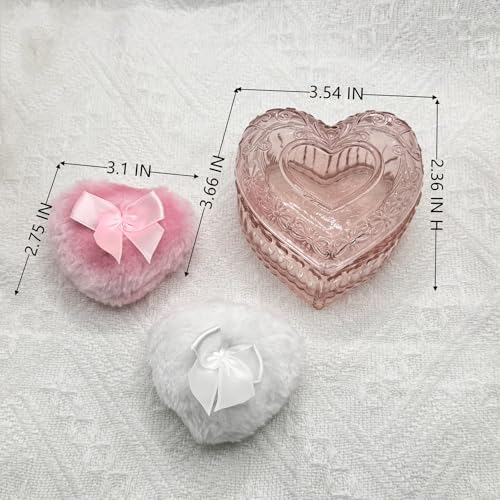 Pink Heart Glass Powder Puff Container with 2 Soft Puffs