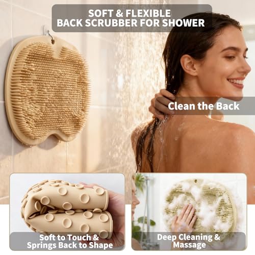 Merleu Khaki Shower Foot Scrubber Mat with Massage Brushes