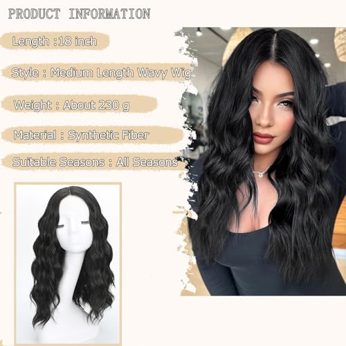 Black Wavy Wig for Women - 18 Inch Medium Length Synthetic Hair