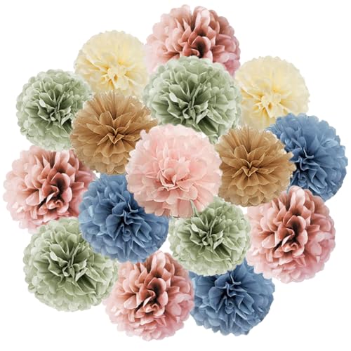 16pcs Retro Boho Tissue Paper Pom Poms - Dusty Rose, Blue, Sage Green