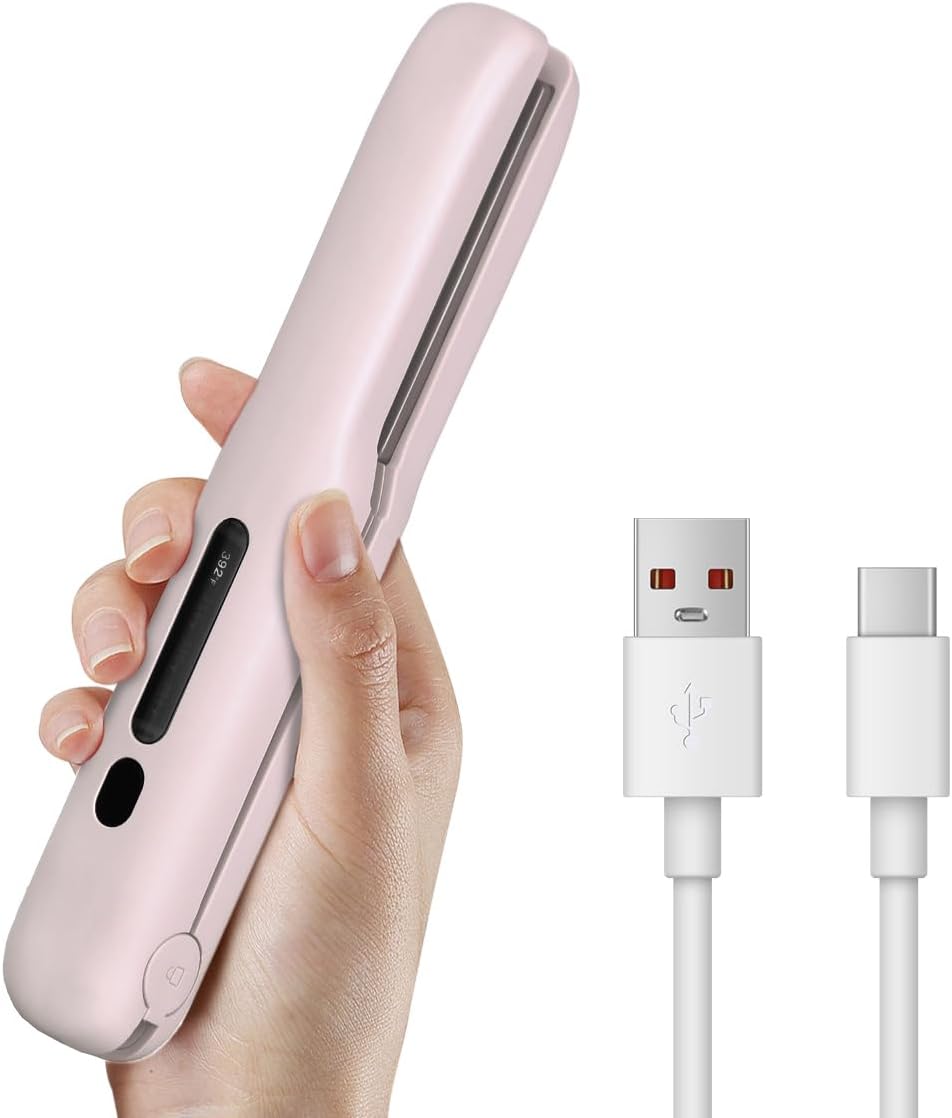 Cordless Hair Straightener - Portable 2-in-1 Mini Flat Iron & Curler | Fast Heating, Adjustable Temp, Pink