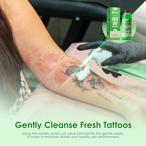 Jconly 16.9oz Alcohol-Free Green Tattoo Soap with Witch Hazel & Aloe Vera - Skin Care & Ink Removal Solution, Foaming Bottle Included