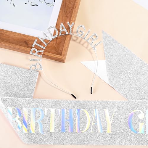 TAROSE Silver Birthday Tiara and Sash Set for Women