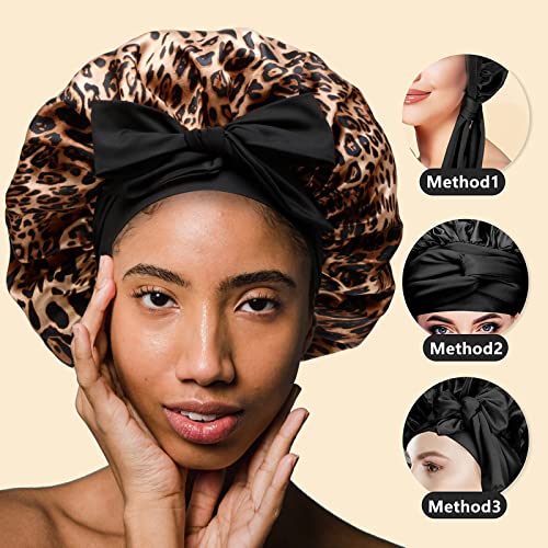 Large Leopard Satin Hair Bonnet for Black Women - Soft Fit Night Cap