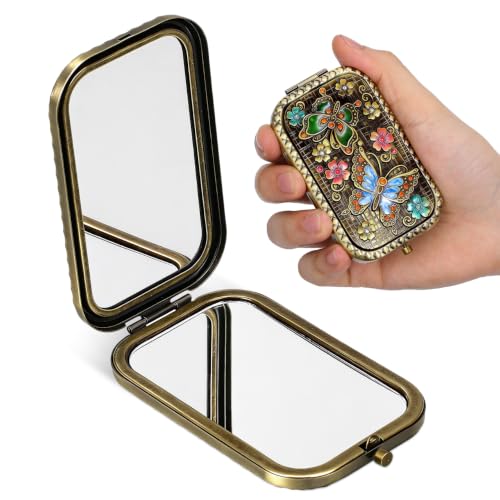 Beaupretty Vintage Double-Sided Compact Makeup Mirror Portable Foldable Metal Travel Mirror