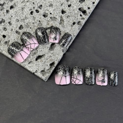 RIICFDD Halloween Short Square Spider Web Glitter Fake Nails - Halloween Nails 2