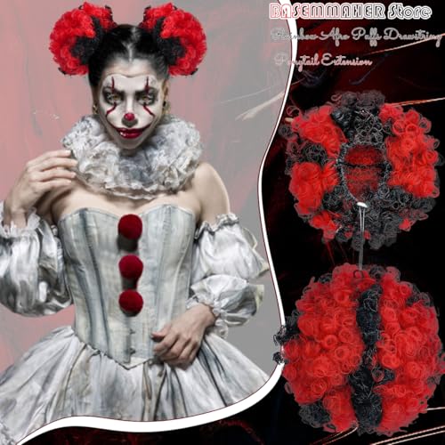 Black Red Afro Puffs Drawstring Ponytail Extensions - 2 Pack Clown Wig