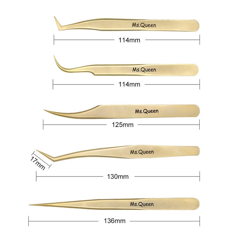 Ms.Queen Eyelash Extension Tweezers-Precision Tweezers for 2D-6D Volume&Individual False Lashes Extensions-Golden-5pcs Tweezers Set