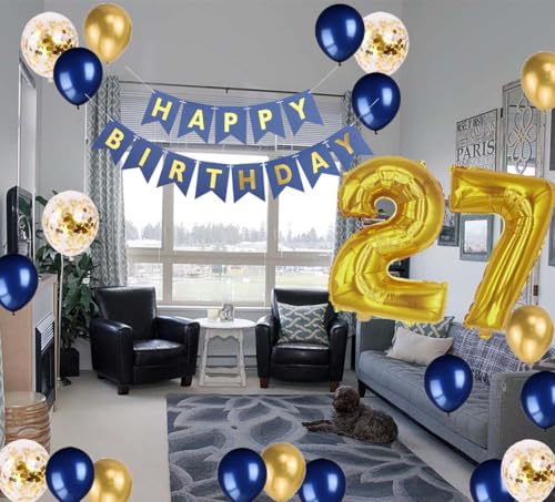 Navy Blue 27th Birthday Party Decorations with Balloons & Banner