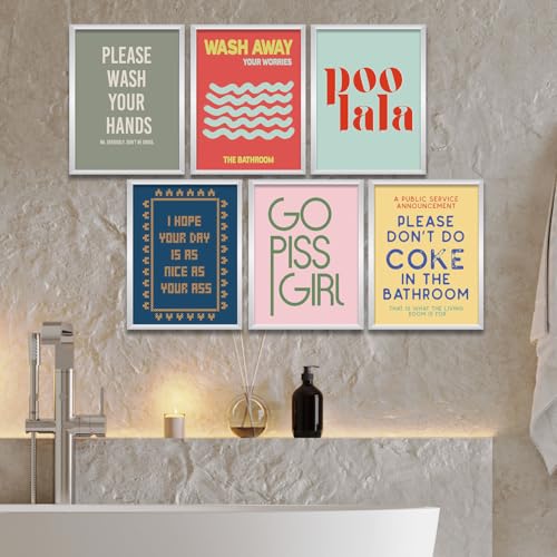 Funny Bathroom Wall Art Prints - 6 Piece Set, 8x10 Unframed