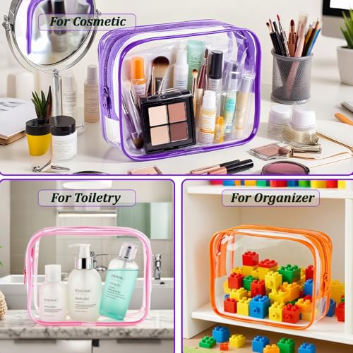 6 Multicolor Clear Makeup Bags - TSA Approved Travel Toiletry Pouches