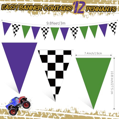 Gersoniel Monster Truck Banner Decorations - 5 Pcs Green & Purple Pennant Garland