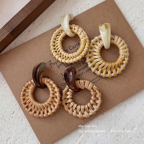 Handmade Bohemian Raffia Rattan Hoop Earrings for Women