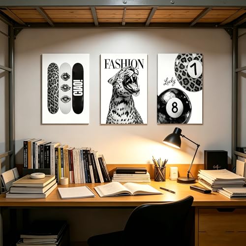 3-Piece Black and White Leopard Canvas Wall Art Set - 12x16
