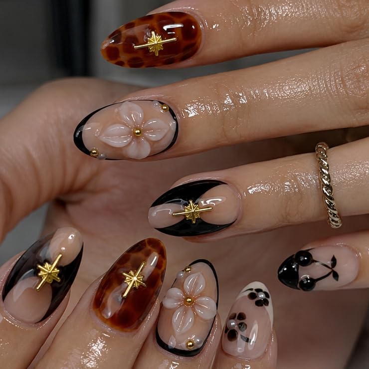 Short Almond Press On Nails with 3D Cherries & Flowers - 10 Pieces