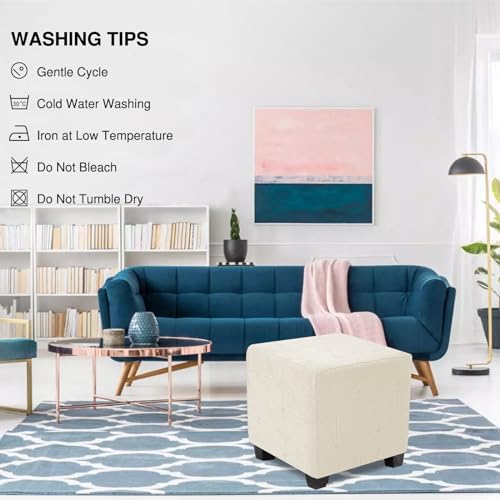 NeColorLife Small Square Ottoman Cover - Stretch Jacquard Slipcover in Beige