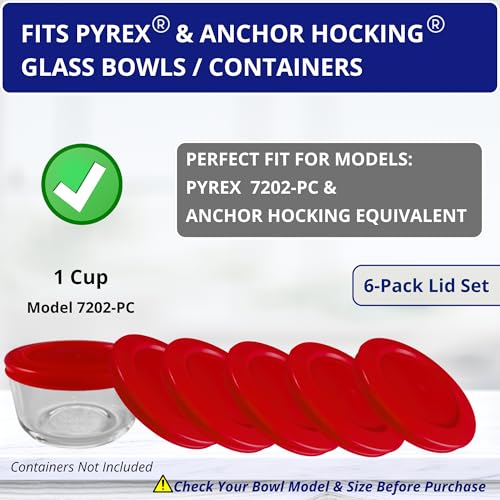 KlareWare 1 Cup Replacement Lids - BPA-Free Red 6-Pack for Pyrex 7202 & Anchor Hocking